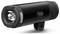 Black, cylindrical device with a red button, labelled 'Garmin' on the side. It has a bright lens at the front, possibly a bicycle light.