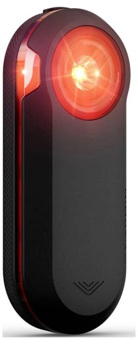 Red bicycle rear light in a modern design. It shines brightly and has a slim, aerodynamic shape.