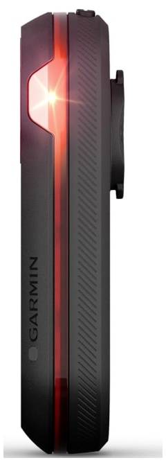 Side view of a Garmin bicycle rear light with a glowing red LED light.