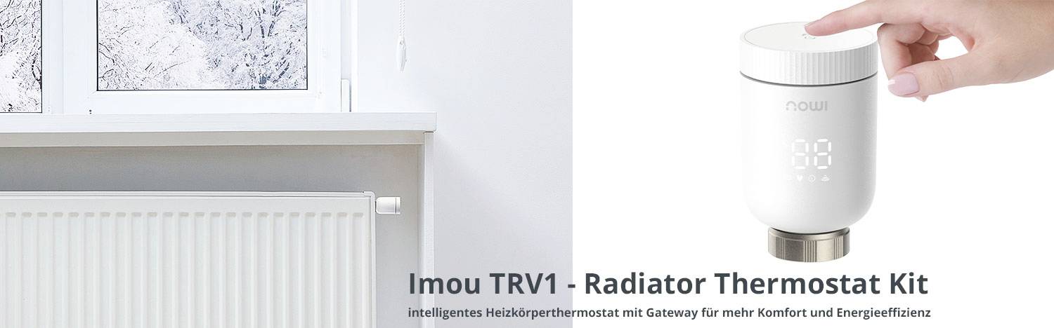 A hand adjusts the Imou TRV1 radiator thermostat, with a window and a radiator beside it. Text below: 'Intelligent Radiator Thermostat'.