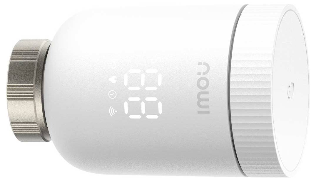 A white, cylindrical thermostat by Imou with a digital display shows the number '68'. A metal connection is located on the left side.