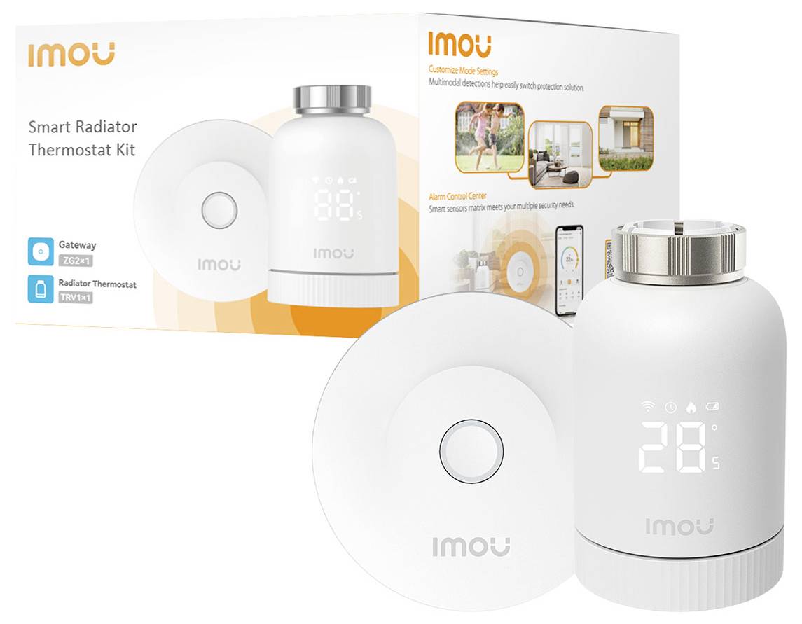 'Imou Smart Radiator Thermostat Kit' with thermostat and gateway, innovative heating control presented in a modern package.