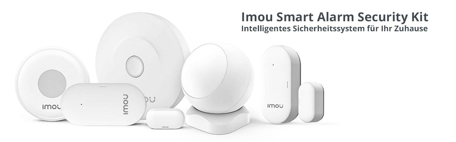 Imou Smart Alarm Security Kit comprising several white security devices with the text 'Intelligent Home Security System'.