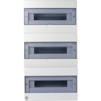 'Electrical distribution board with three rows, each having a transparent cover. Used for circuit protection in electrical systems.'