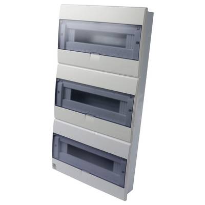 Three-tiered electrical panel with transparent covers, used for housing circuit breakers or electrical components.