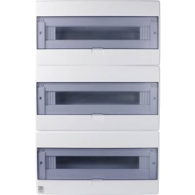 A white electrical panel with three rows of transparent covers, typically used for housing circuit breakers in a building.