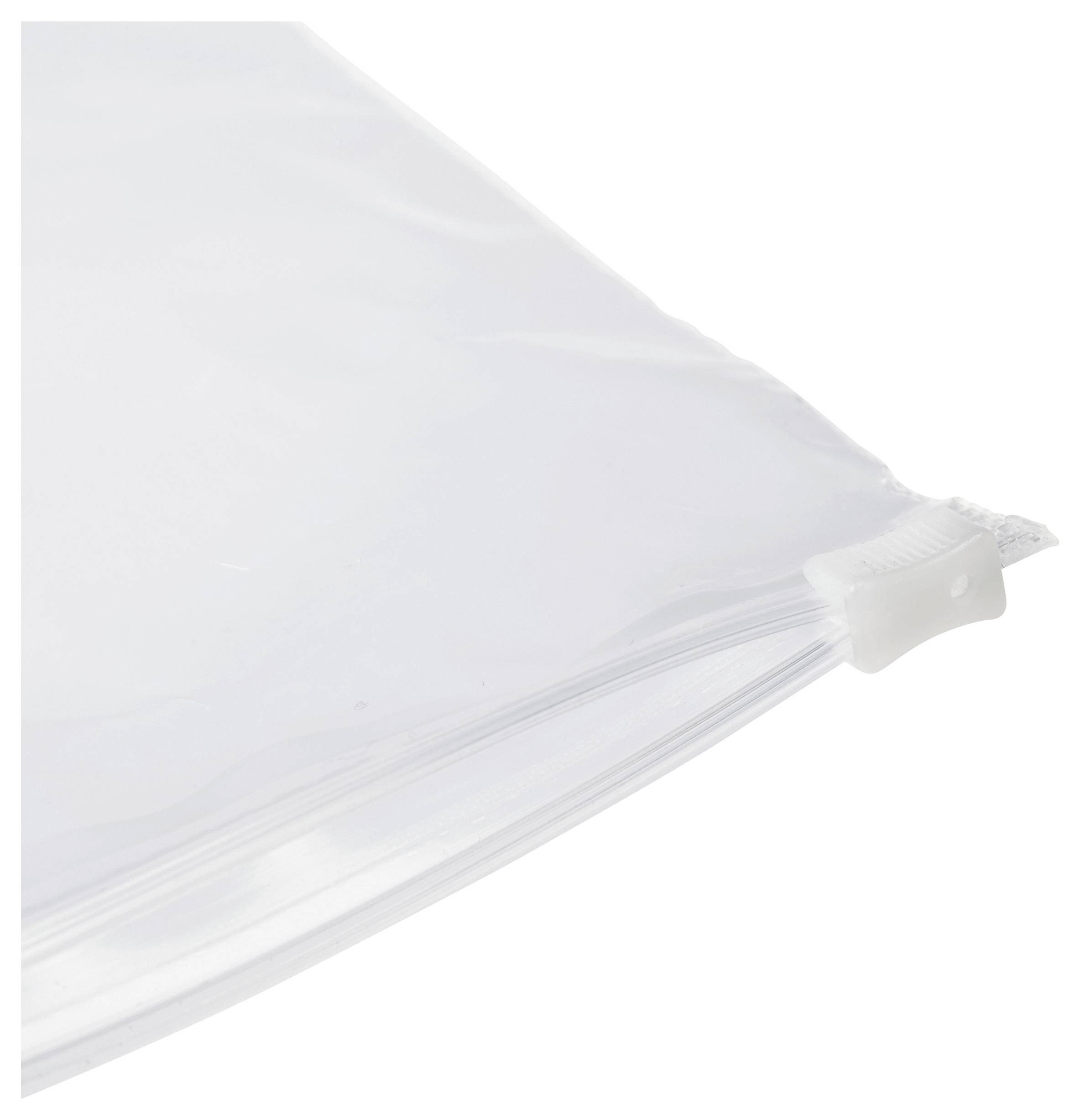 A clear plastic ziplock bag is shown, slightly open at the corner, revealing its sealing mechanism.