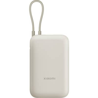 A beige portable power bank with a looped strap and the brand name on its surface.