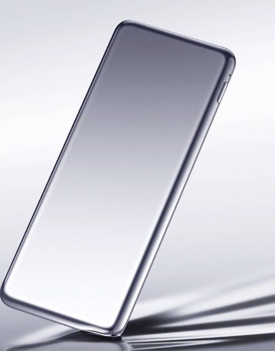 A sleek smartphone with a reflective surface, standing at an angle against a smooth, gradient background.
