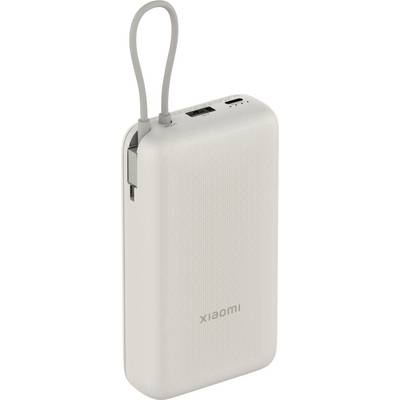 Portable white power bank with a loop strap, USB ports, and an LED indicator on top.