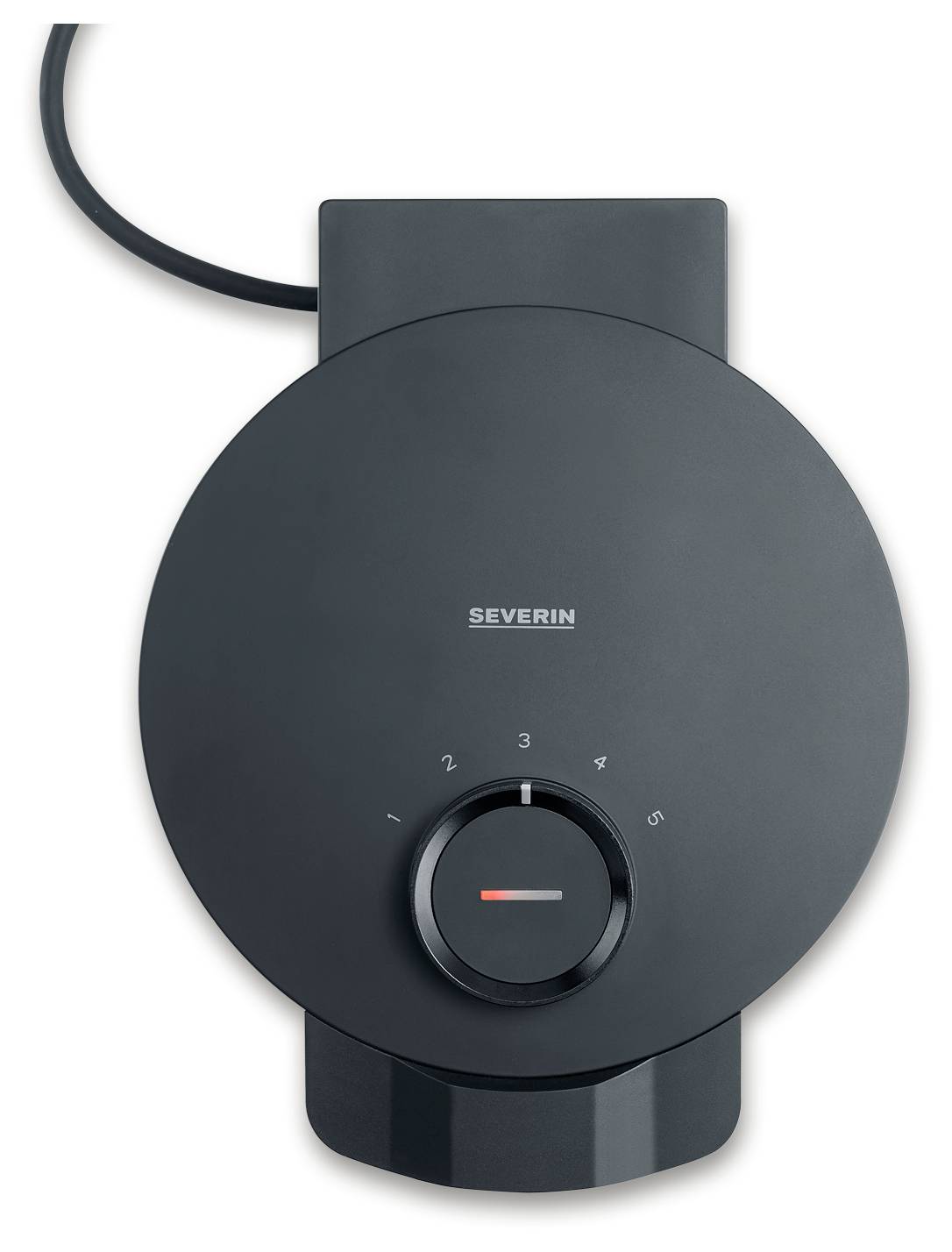 Black, round kitchen appliance with a dial in the centre. 'SEVERIN' is written on the top. The dial has settings from 1 to 5.