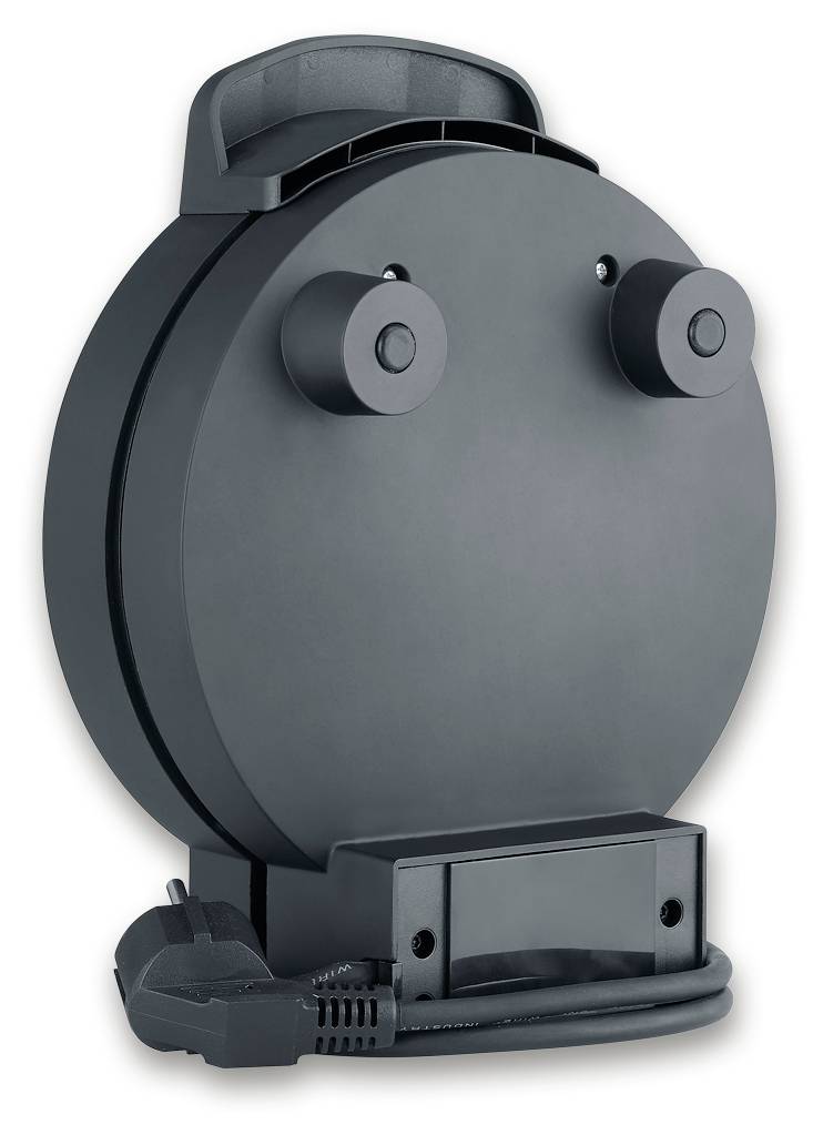 Black and grey, round contact grill viewed from behind, showing electrical connection and cable storage.