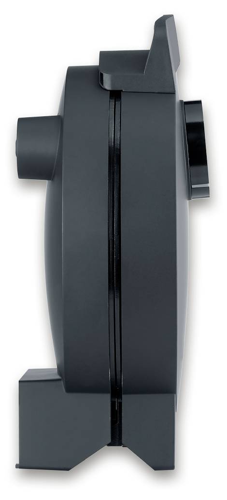 A side view of a round black device mounted on a bracket. It features a protruding rotary knob.
