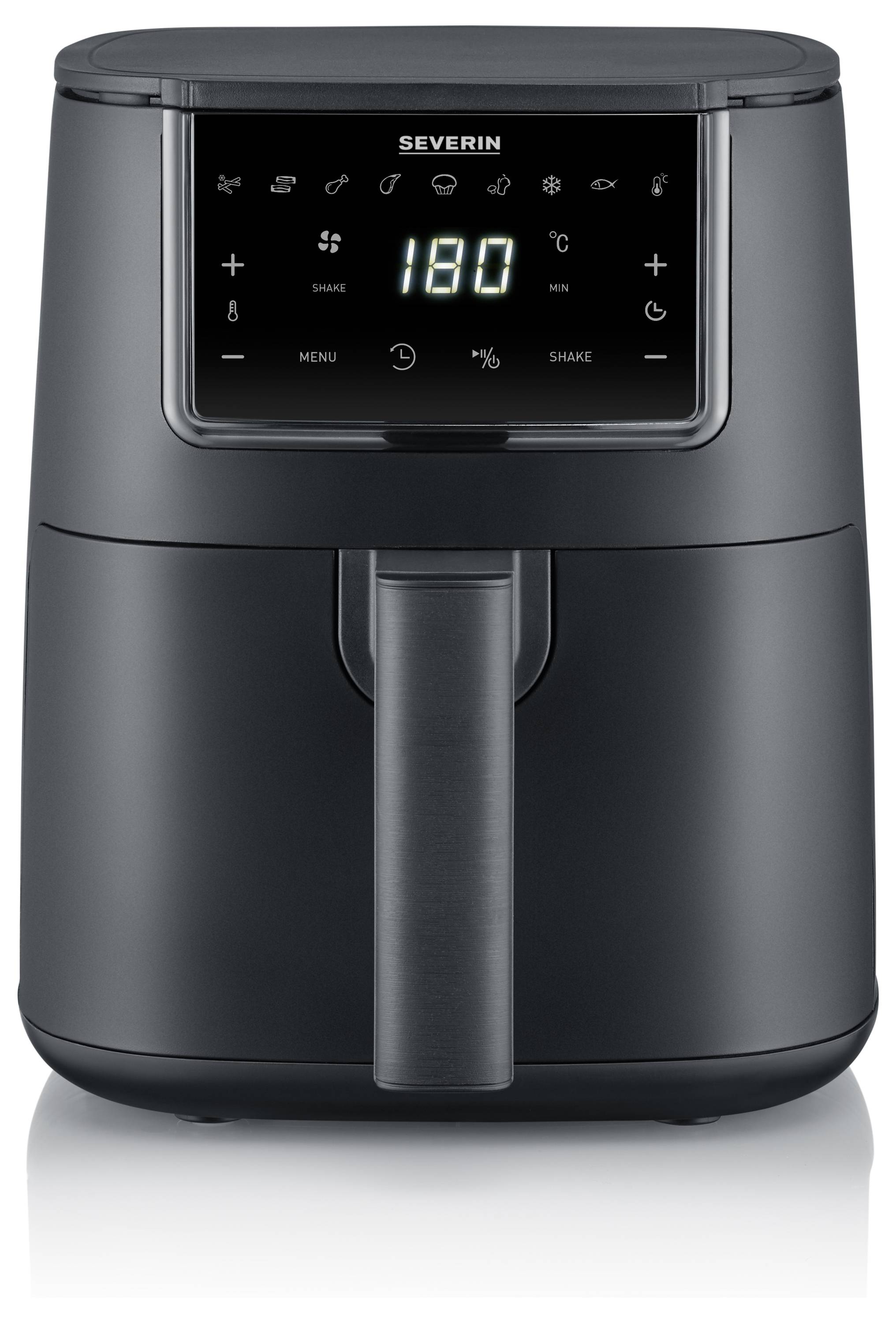 Black hot air fryer with digital display and various setting symbols. Temperature display: 180 degrees.