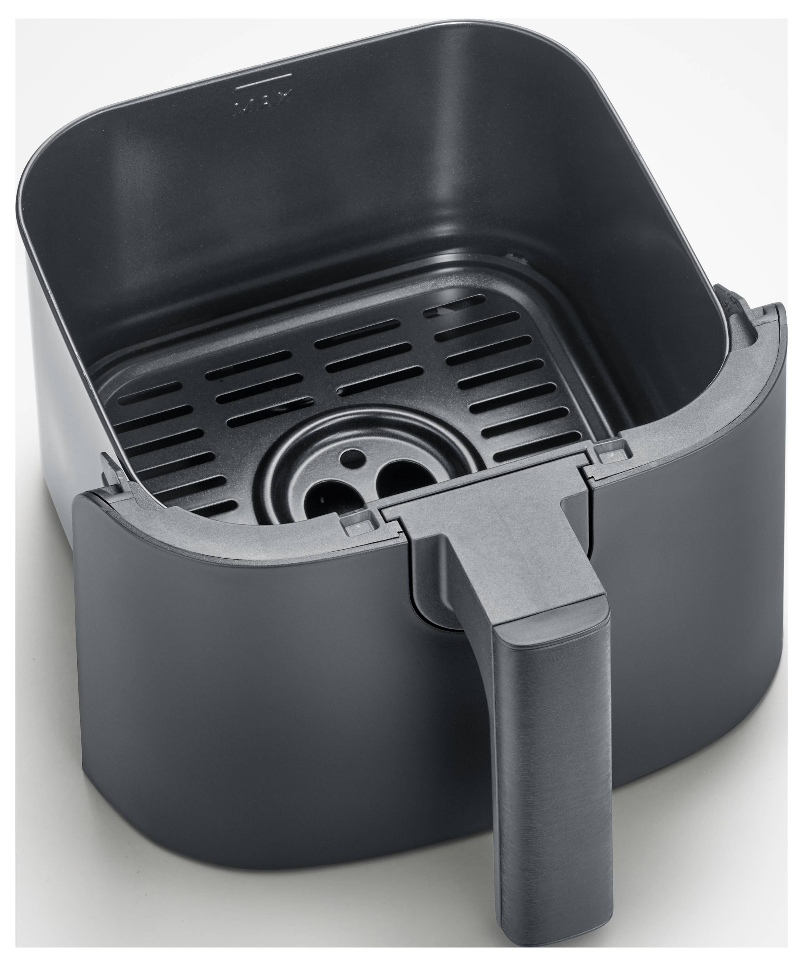 Deep fat fryer basket made of black plastic, empty, with removable interior holder.