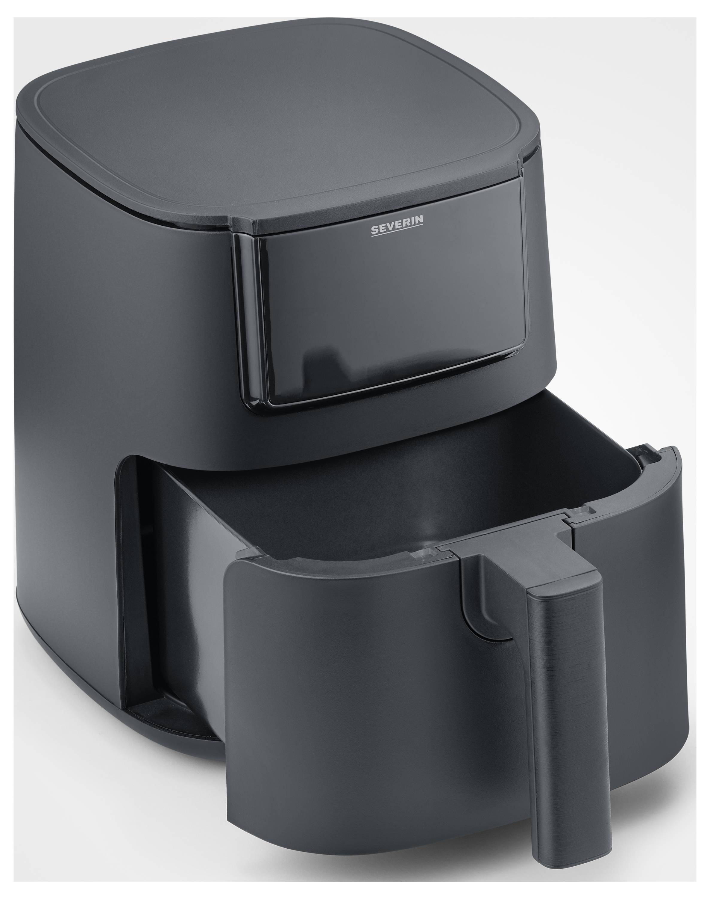 Black hot air fryer with open frying basket. Brand name 'Severin' visible on the closed lid on top.