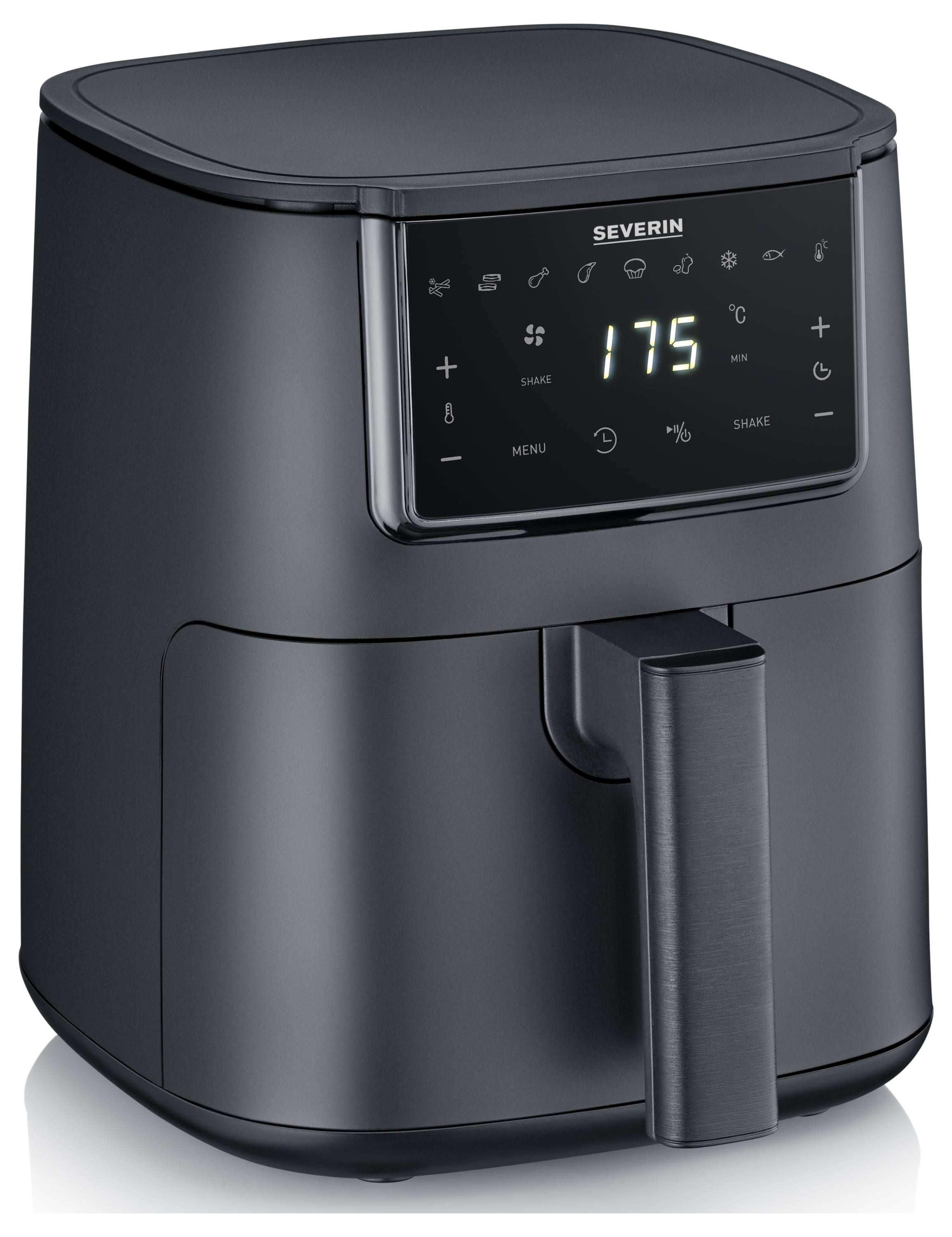 A black air fryer with a digital display showing a temperature of 175 degrees. Brand name visible at the top.