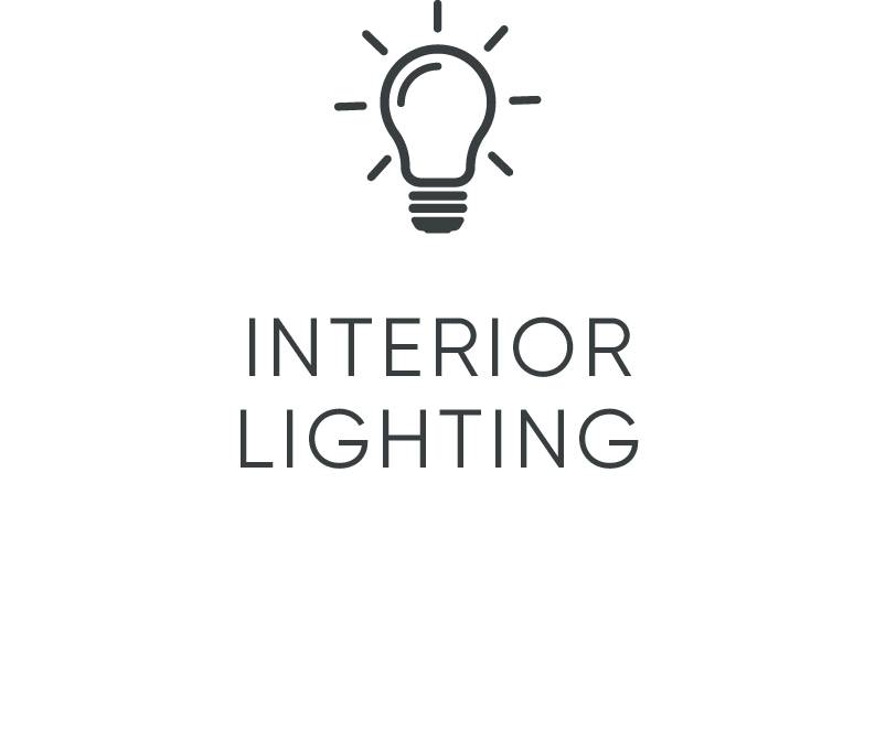 'Interior Lighting' sits beneath a stylised light bulb that is radiating light.