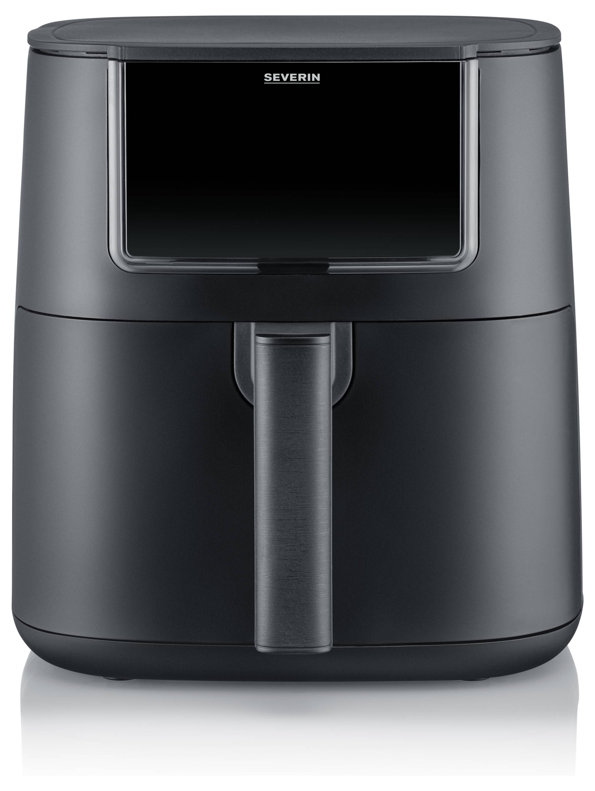 A black air fryer stands upright. It has a sleek, modern design with a handle in the centre.