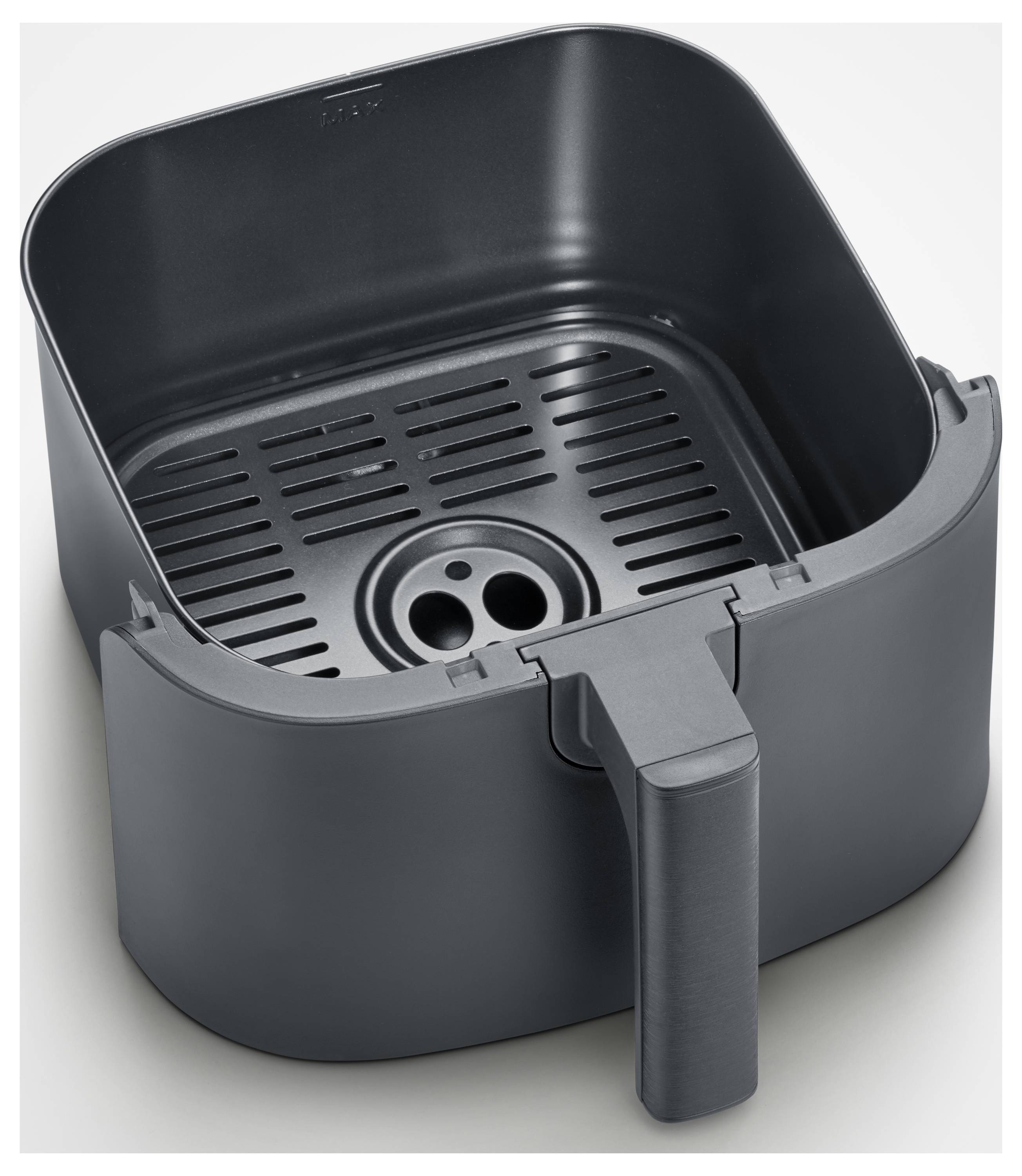 A grey, empty hot air fryer basket viewed from above, with handle and wire mesh base, against a light background.