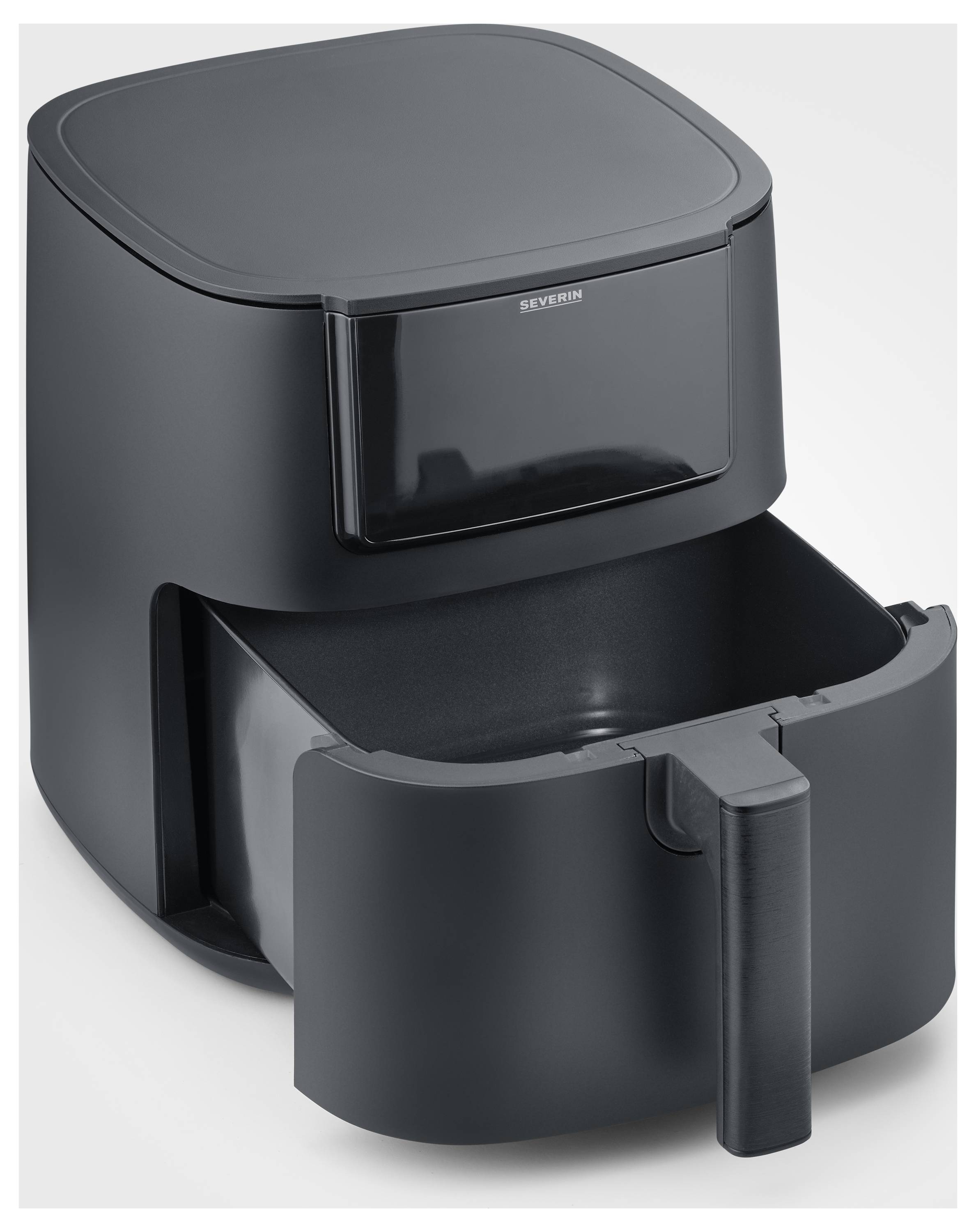 Black hot air fryer with open basket. Suitable for low-fat frying of food. Brand name on the front.