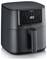 A black air fryer with a digital display shows 180 degrees Celsius. It has a modern, compact design.