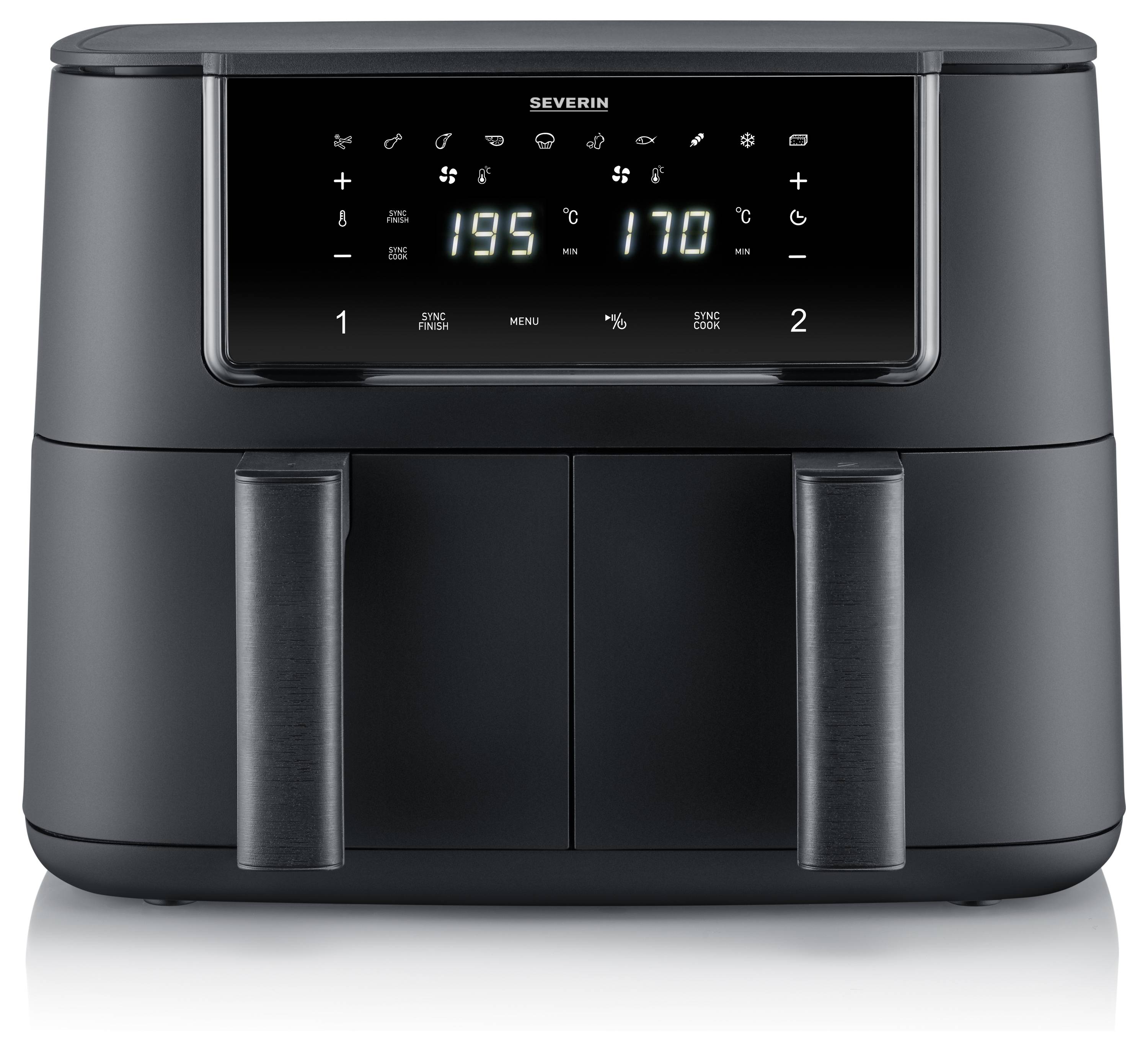 Air fryer with digital display showing 195 degrees on the left and 170 degrees on the right. Control panels and symbols for different settings.