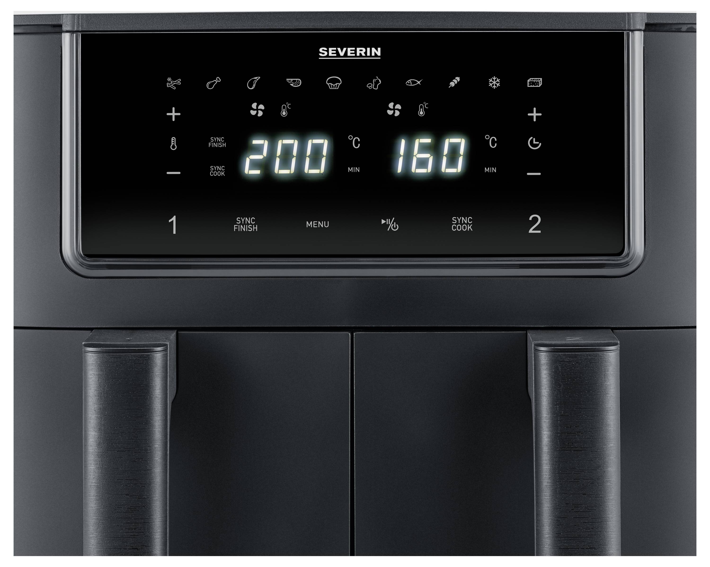 Dual Zone Hot Air Fryer with Digital Display. Right side shows 160°C, left side shows 200°C. Symbols for various functions.