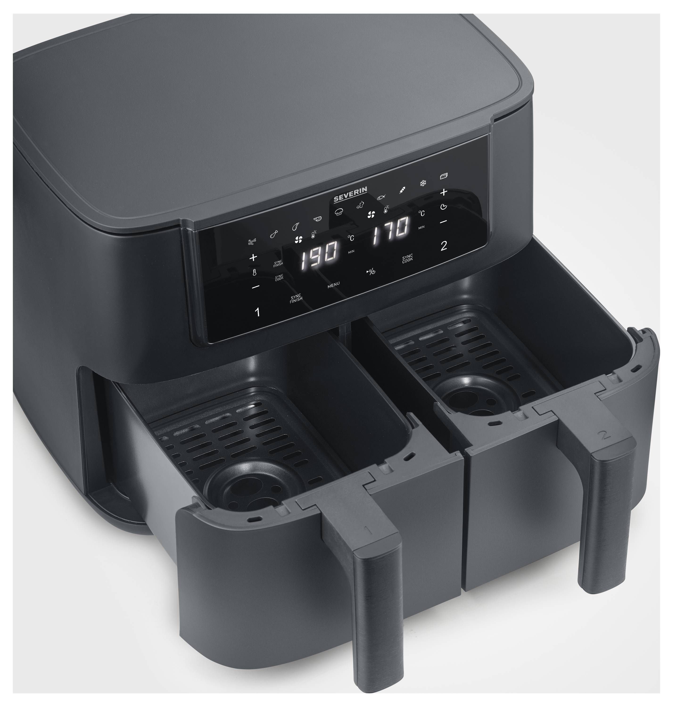 Double deep fryer with digital display, showing temperatures of 190°C in both frying chambers. Suitable for separate preparation.