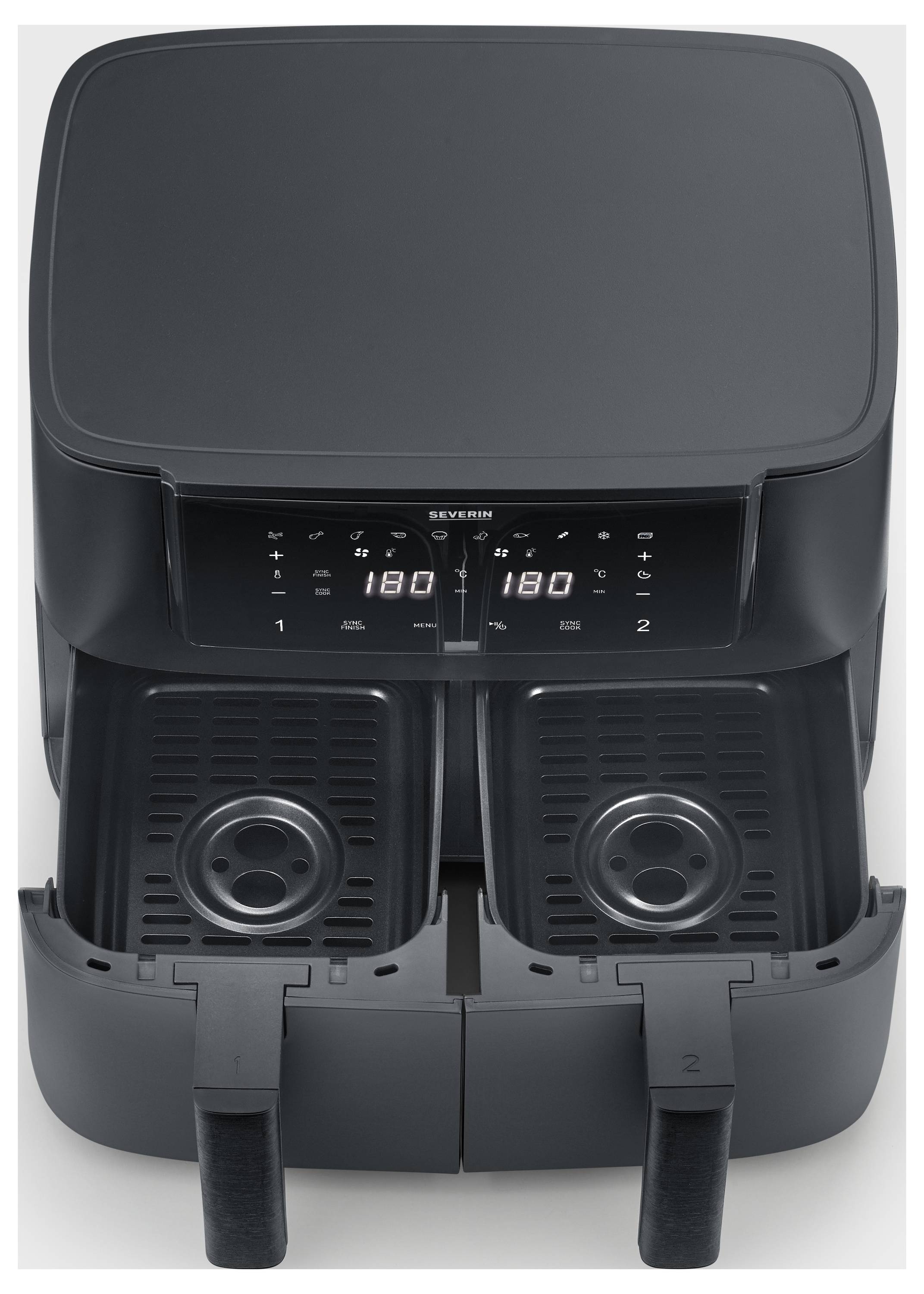 Black dual-drawer air fryer with digital displays and controls. Shows temperatures of 180 degrees on both displays.