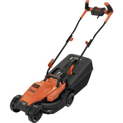 An electric lawnmower in black and orange with an ergonomic handle and grass collector, suitable for small to medium-sized gardens.