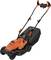 An electric lawnmower in black and orange with an ergonomic handle and grass collector, suitable for small to medium-sized gardens.