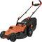 Electric lawnmower in orange with a black casing and collection basket, suitable for medium-sized gardens.
