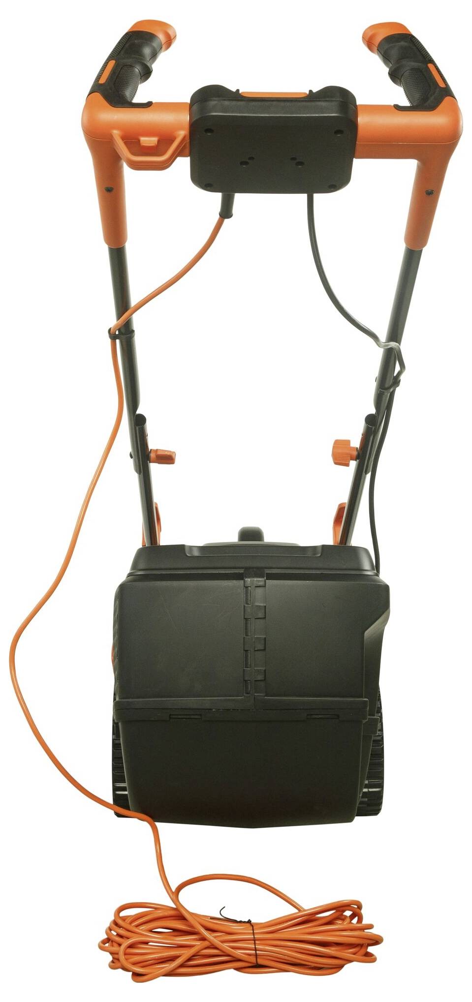 Electric lawnmower viewed from above, with an orange and black design, long cable, and two handles. Ideal for small to medium-sized gardens.