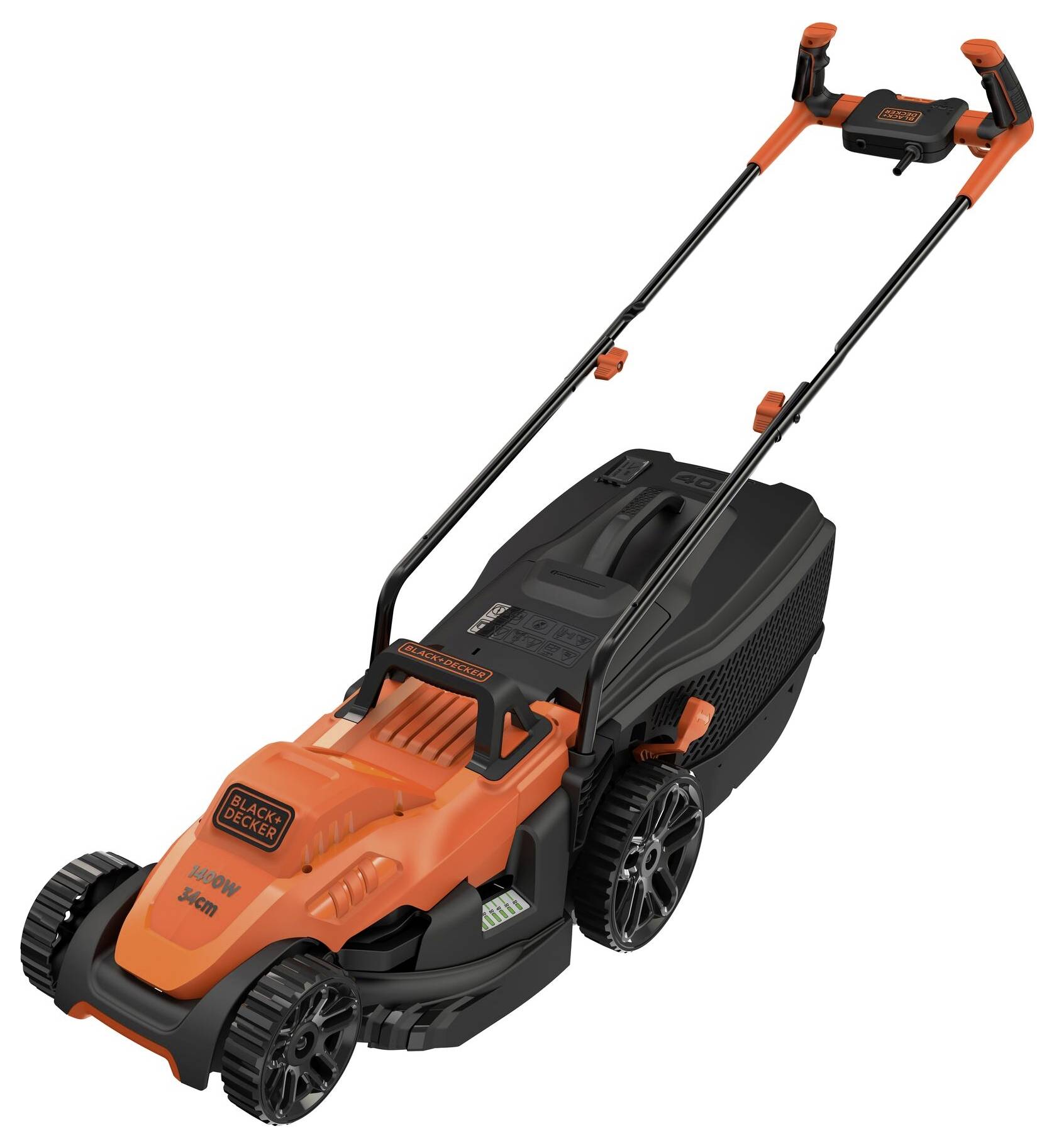 An electric lawnmower in orange and black. It has large wheels, a rear grass collection box, and an ergonomic handle.