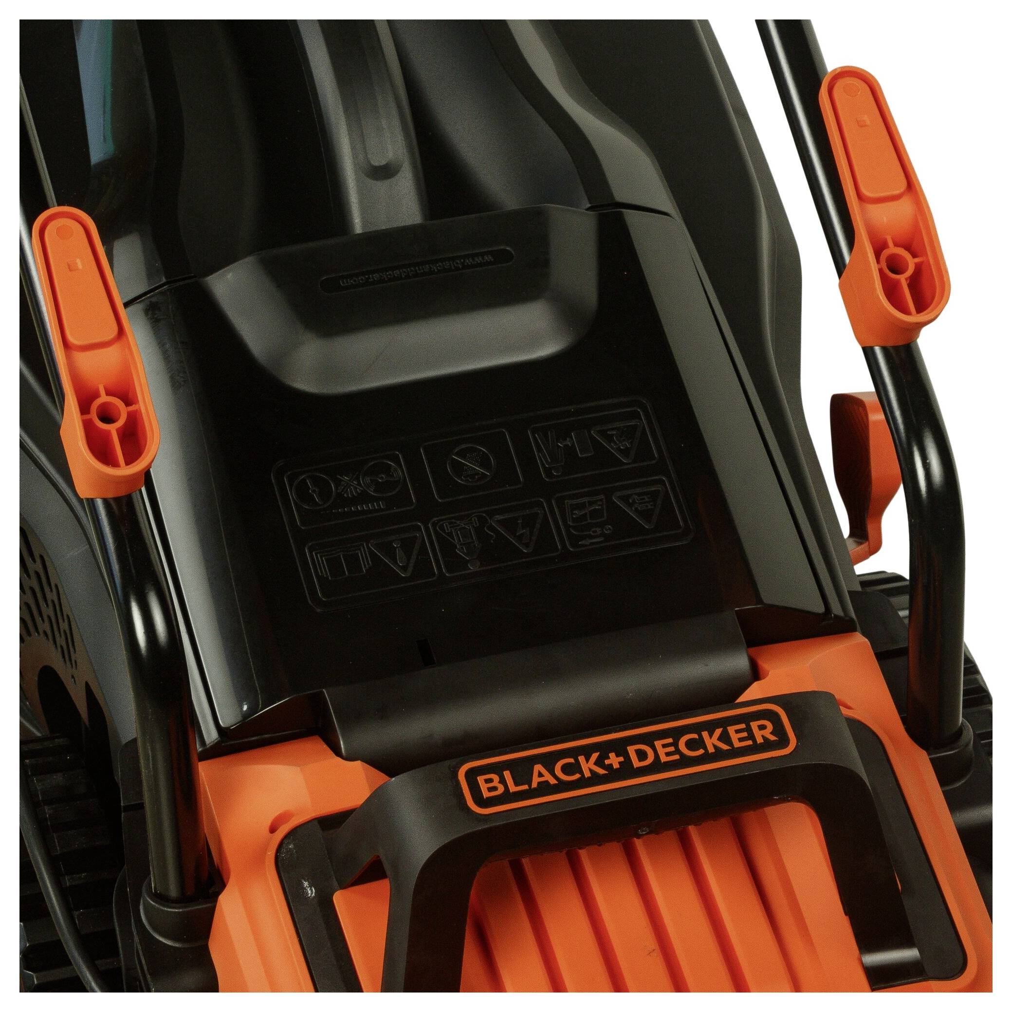 A Black+Decker lawnmower in close-up shows the upper section with handles and branding.