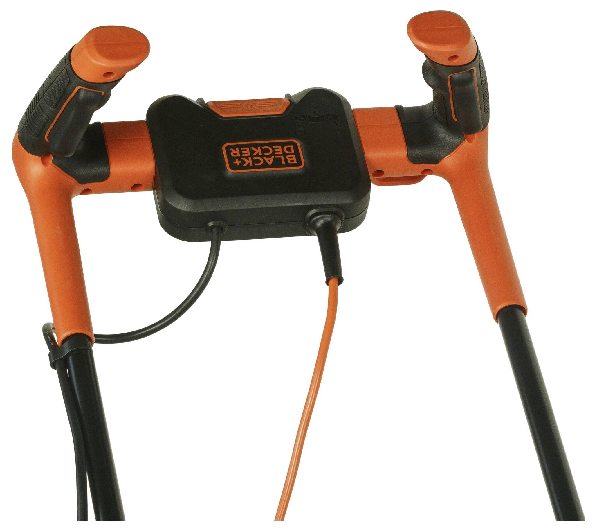 'Handle of an electric lawnmower with cable connection, shaped for ergonomic operation.'