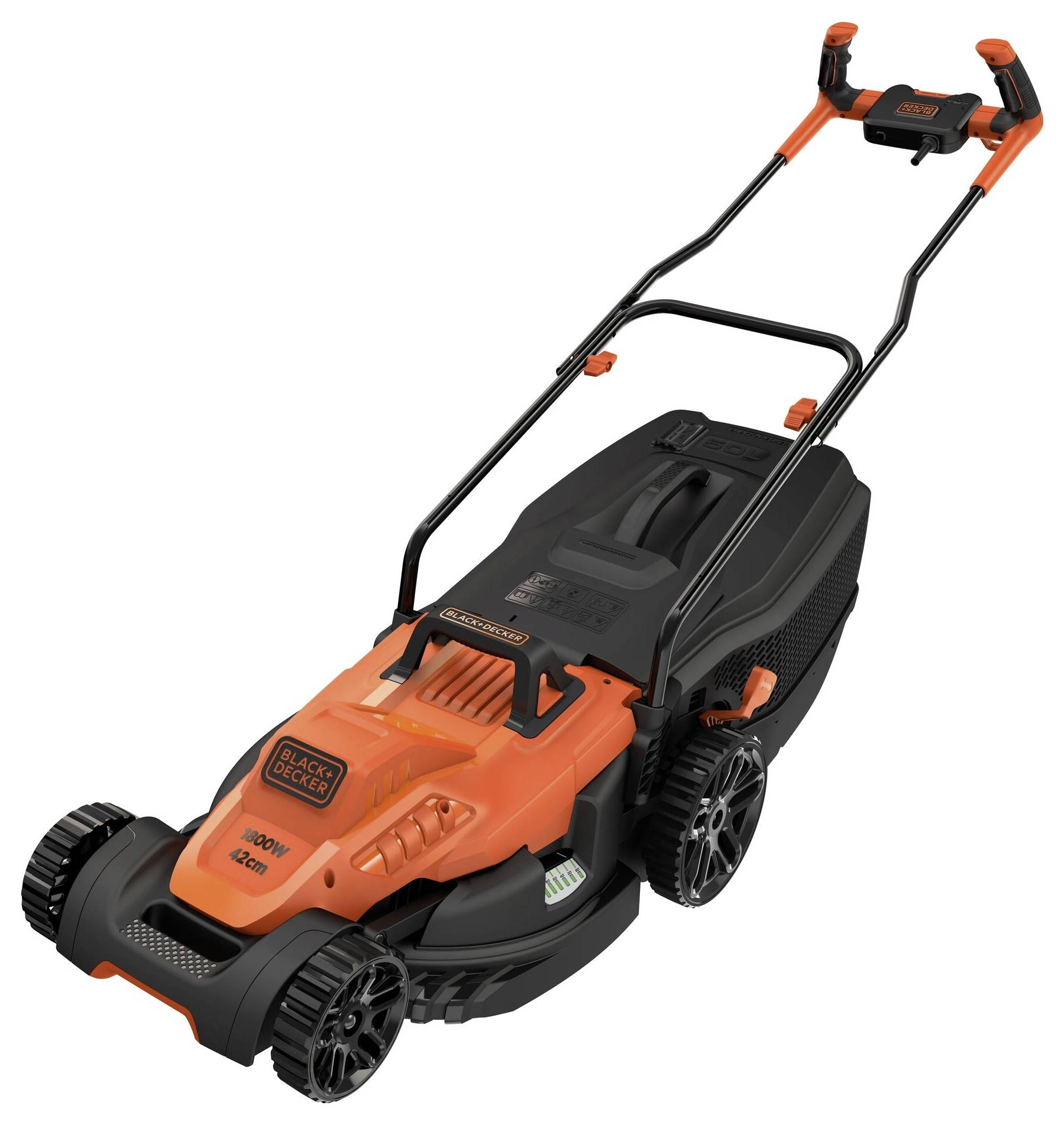 An orange and black lawn mower with a large grass collection bag and robust wheels, suitable for mowing medium-sized lawns.