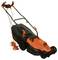 Orange and black electric lawnmower with cable, large grass collector, and adjustable handle.