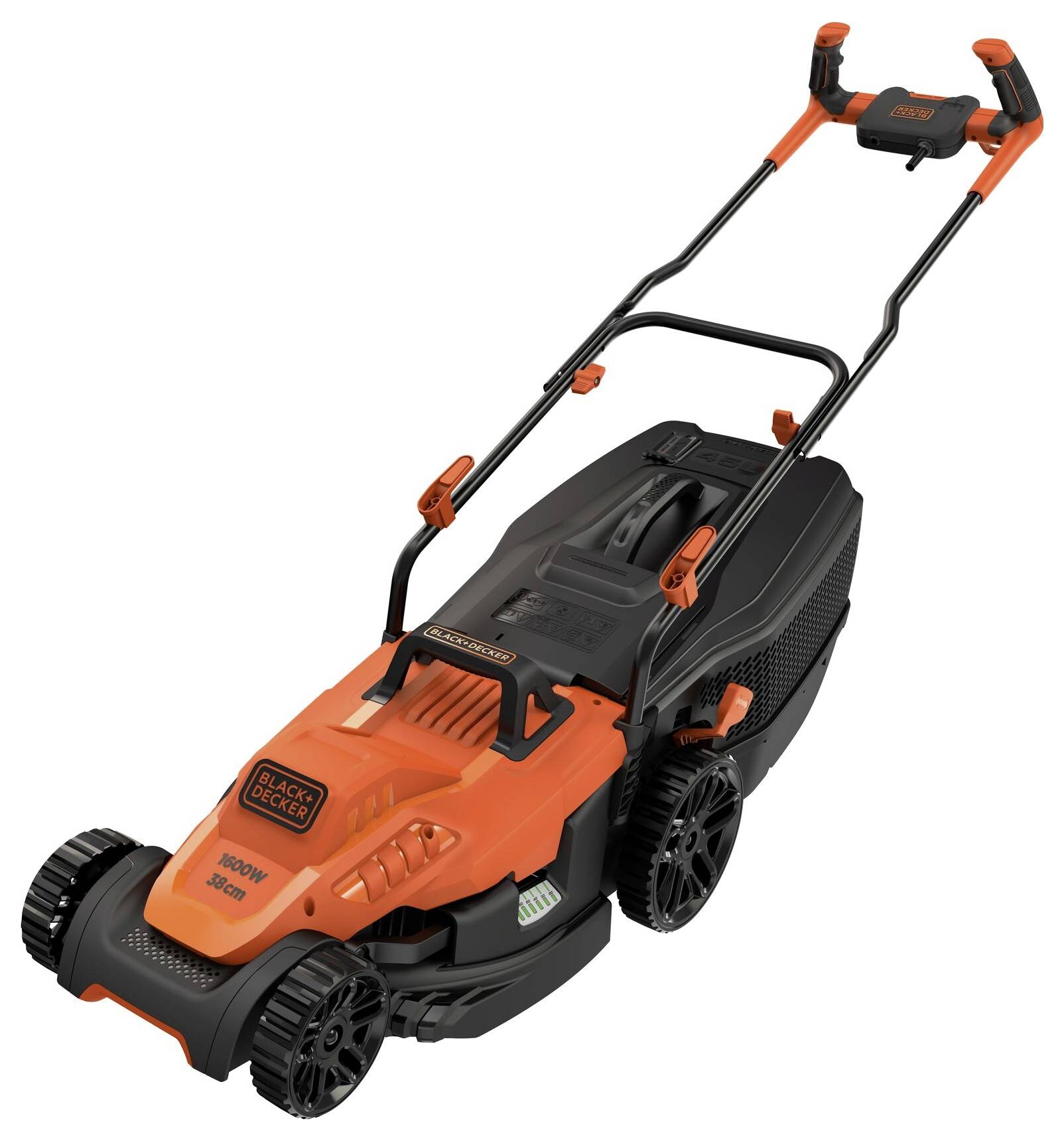An orange lawnmower with a black handle and four wheels. Brand logo on the front.