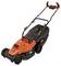 An orange lawnmower with a black handle and four wheels. Brand logo on the front.
