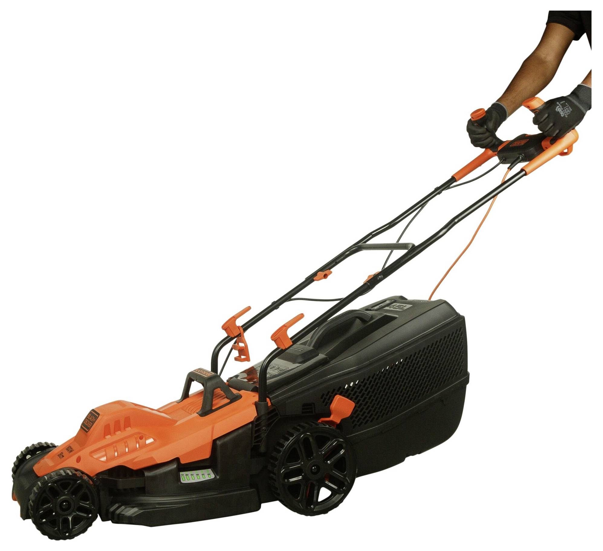 A person is pushing an orange-black electric lawnmower across a lawn.