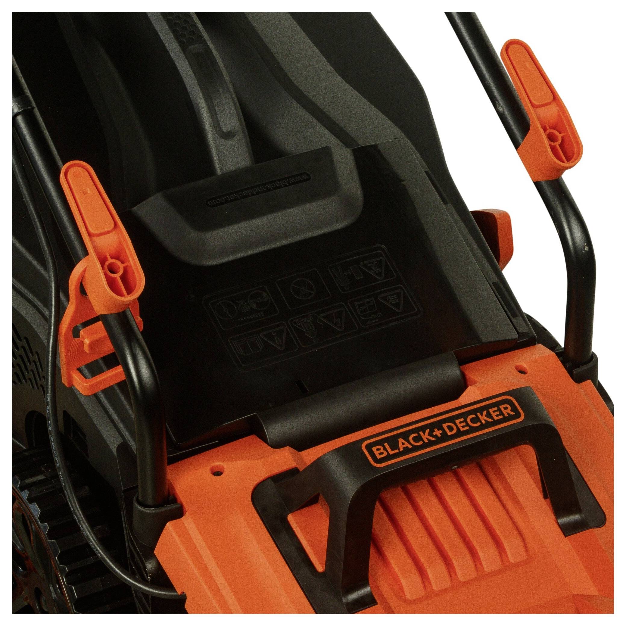 Black+Decker electric lawnmower in black and orange with a distinctive handle and housing design.