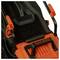 Black+Decker electric lawnmower in black and orange with a distinctive handle and housing design.