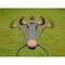 Lawn sprinkler with two adjustable wheels on a green lawn. The marking indicates rotation and range.