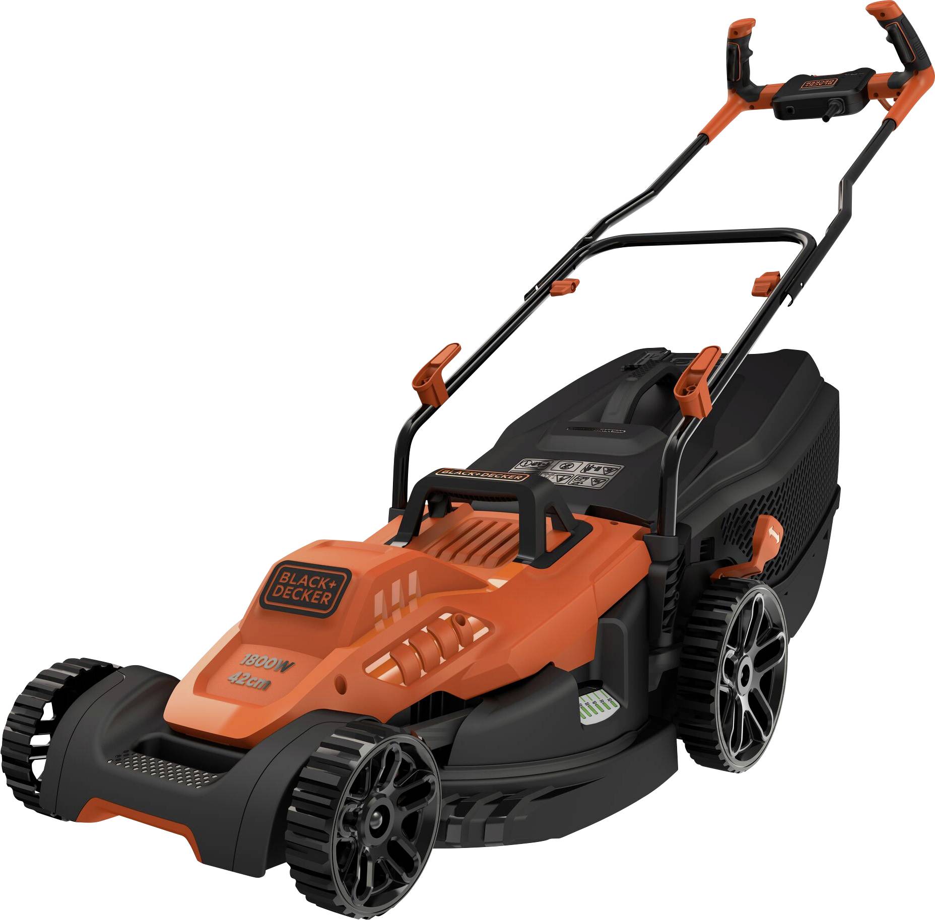Electric lawnmower in orange and black by Black & Decker, with an ergonomic handle and large wheels for easy manoeuvrability.