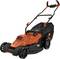 Electric lawnmower in orange and black by Black & Decker, with an ergonomic handle and large wheels for easy manoeuvrability.
