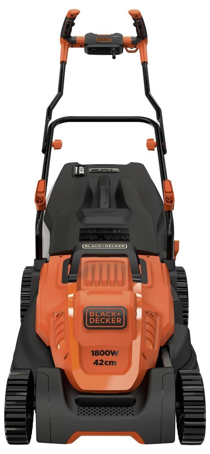 Lawn mower by BLACK+DECKER with 1800 watts and 42 cm cutting width. Front view shows the black and orange machine.