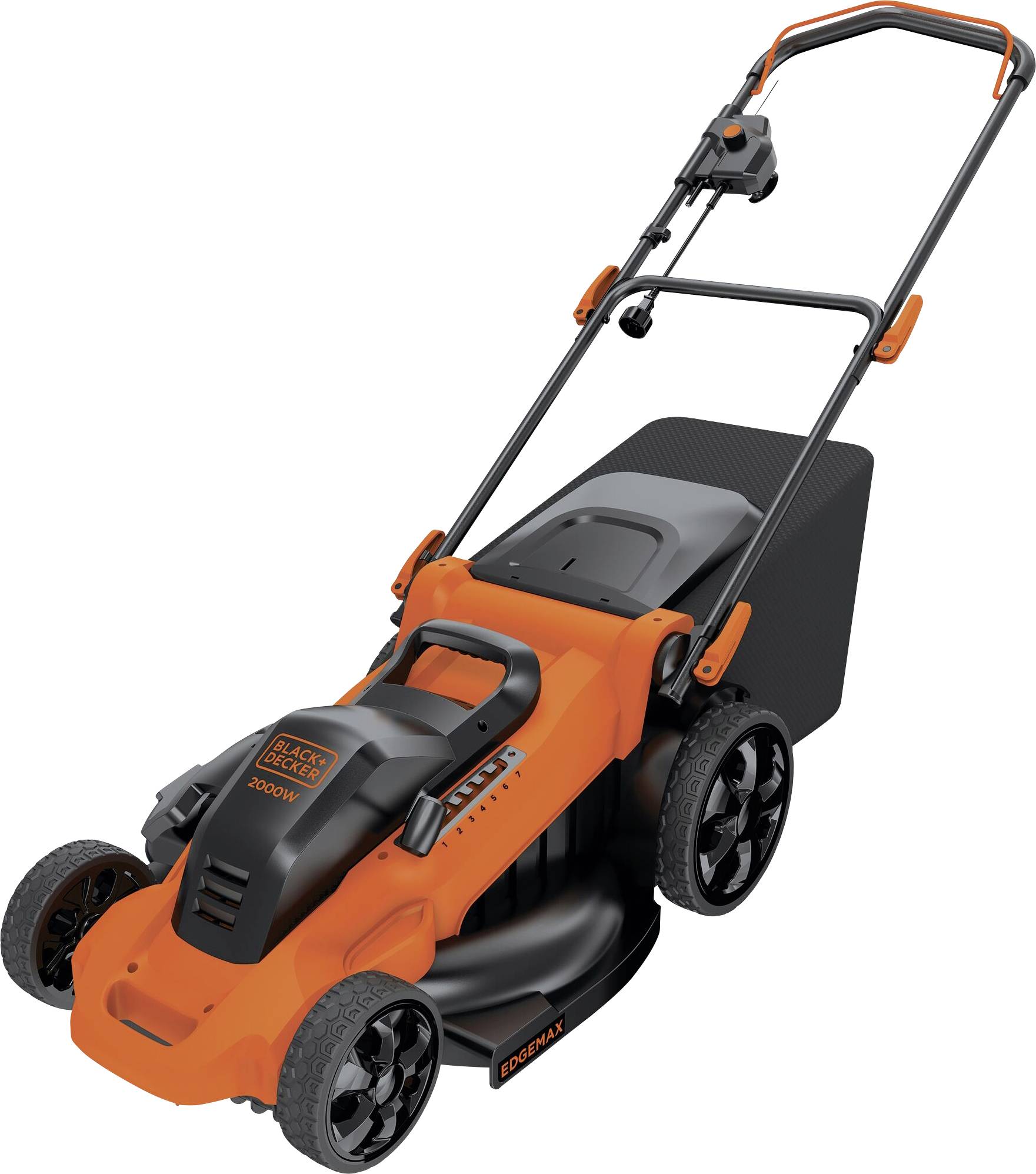 An orange lawnmower with black features and a grass collection box.