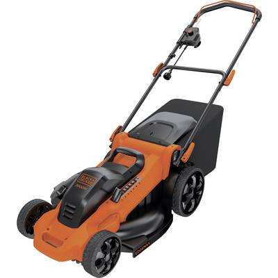An orange lawnmower with black features and a grass collection box.